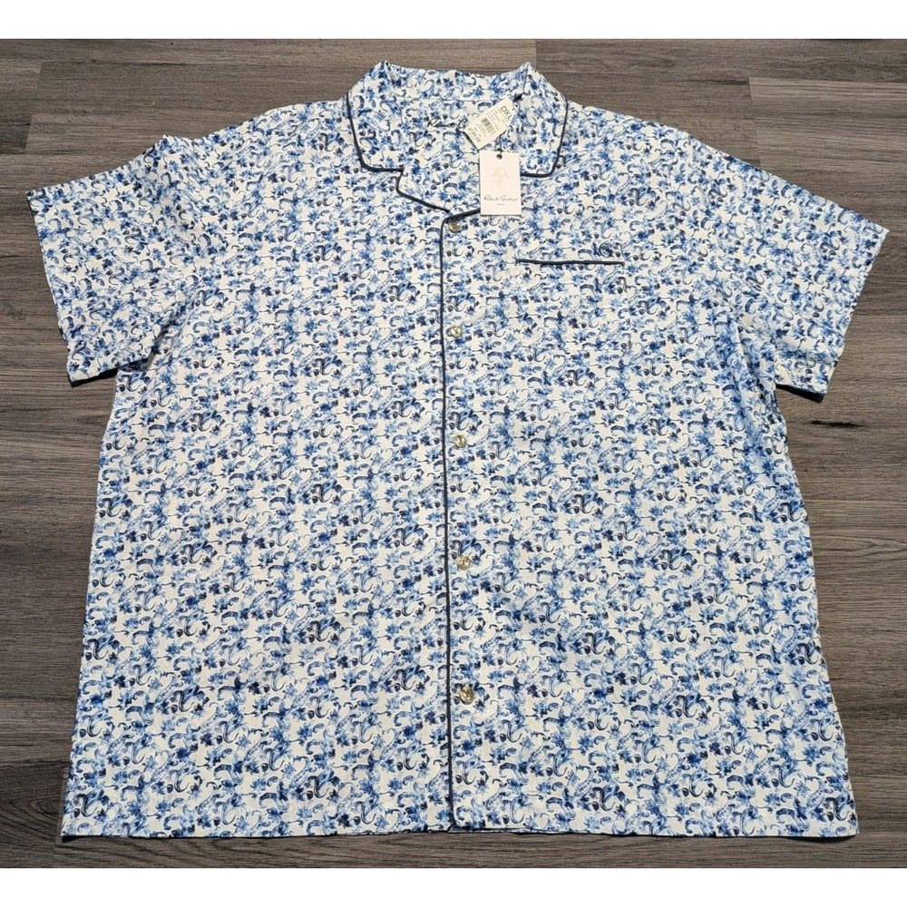 NWT Robert Graham Men's White Blue Abstract Short Sleeve Pajama Top Size 3XL
